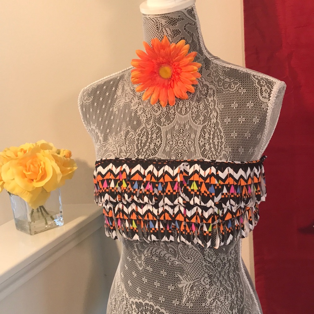 TRIBAL MULTI-COLORED FRINGE BANDEAU Swim Top